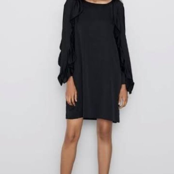 Zara black long sleeve mini dress with ruffle trim Large - Picture 1 of 14